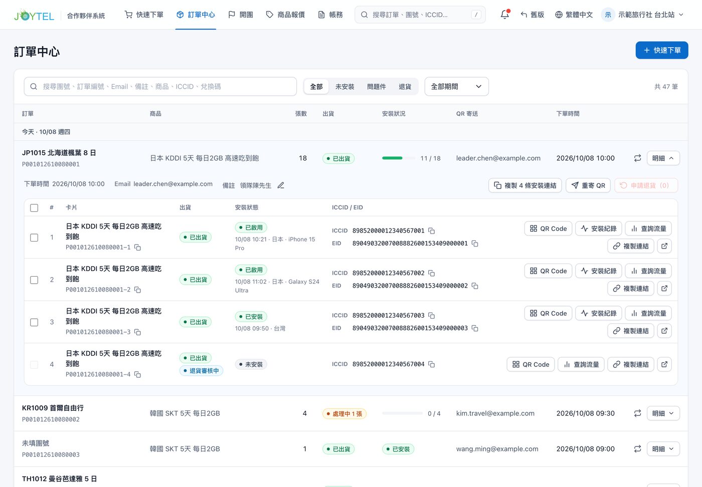訂單中心畫面：列表顯示整團安裝進度，展開後是每張卡的安裝狀態、時間、所在國家與手機型號